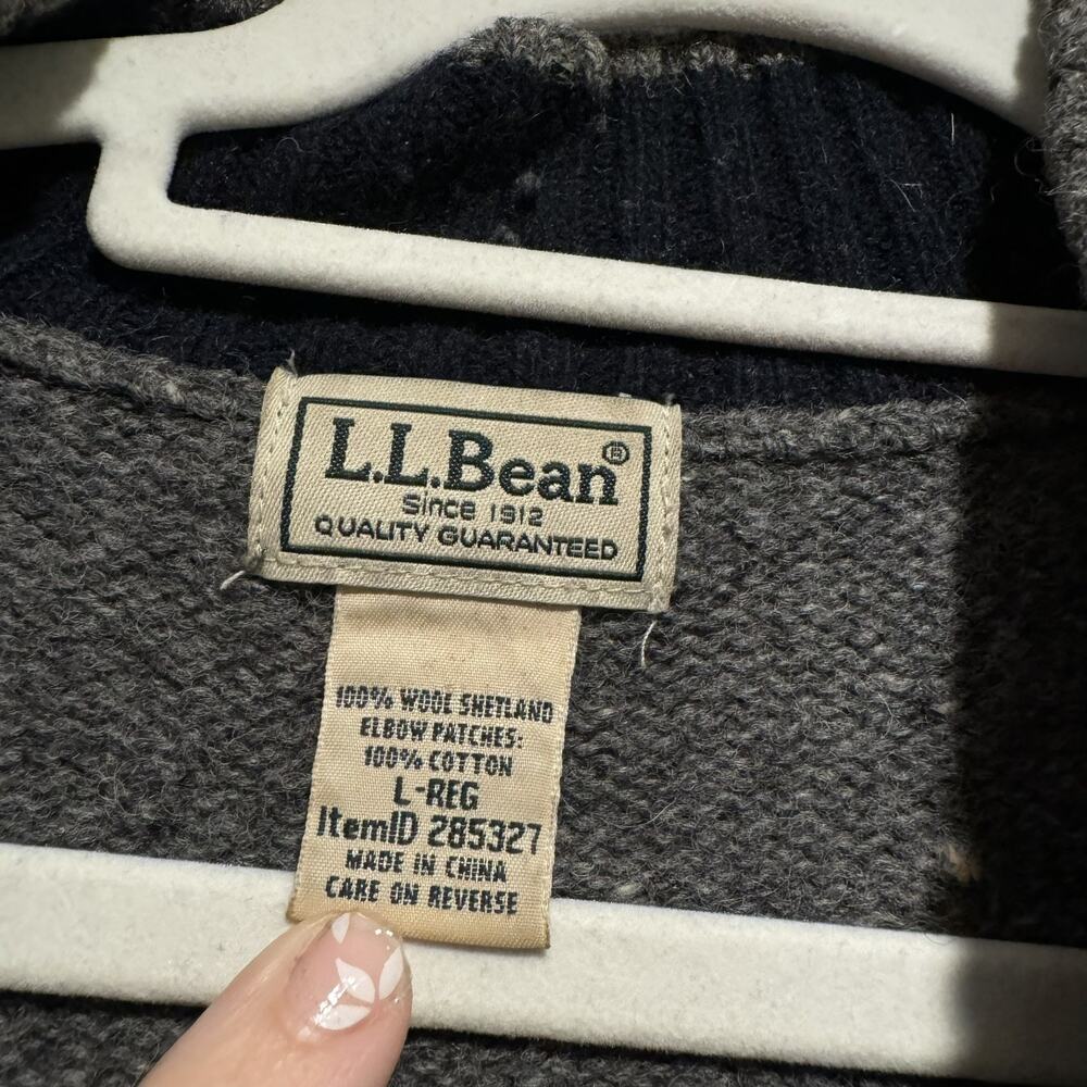 LL Bean Gray Shetland Wool Sweater Corduroy Elbow Patches Quarter Zip Mens Large - Picture 3 of 5